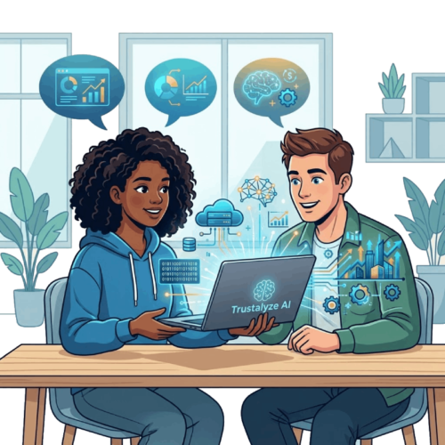 Two diverse coworkers collaborate at a table with a laptop labeled 'Trustalyze AI' and glowing data graphics around them